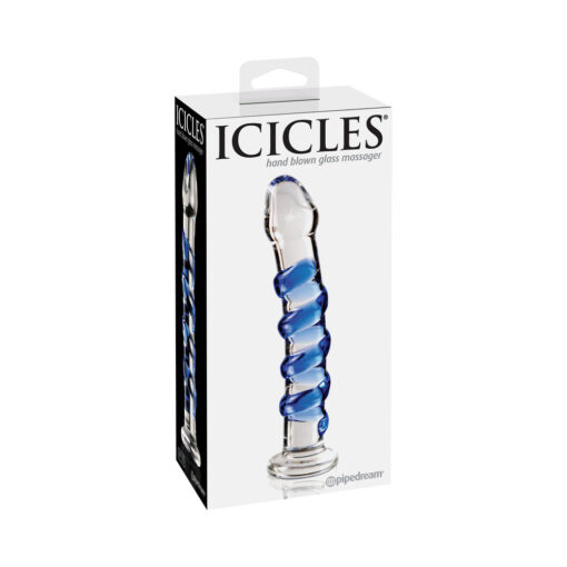 Pipedream Icicles No. 5 Curved Ribbed 7 in. Glass Dildo Blue-Clear