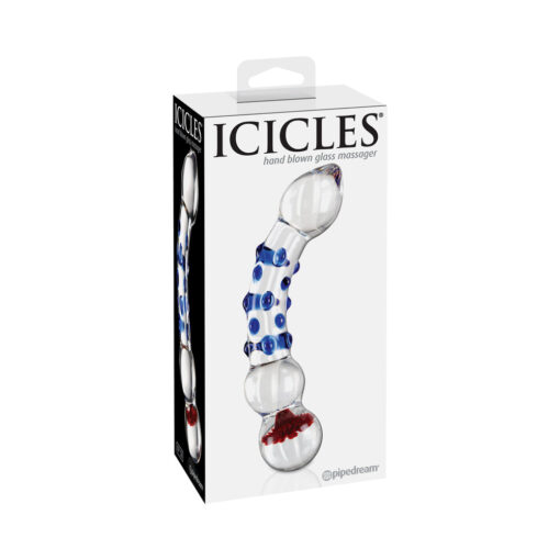 Pipedream Icicles No. 18 Curved Textured 7.5 in. Glass Dildo Blue-Red-Clear