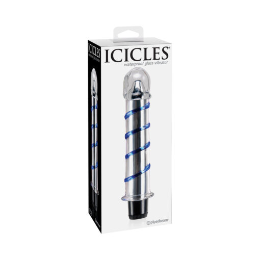 Icicles No. 20 Ribbed Vibrating 7.5 in. Glass Dildo Blue-Clear