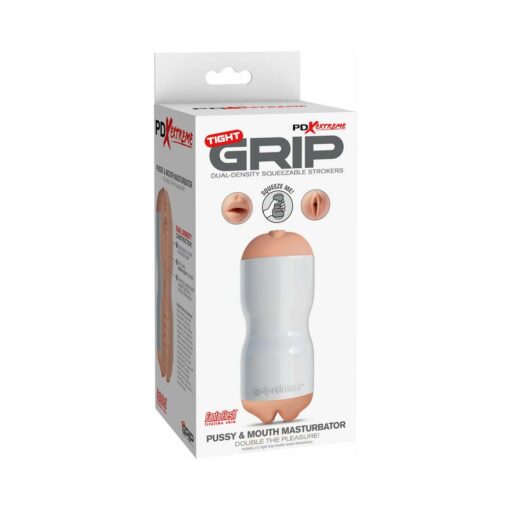 PDX Tight Grip Pussy & Mouth Dual Density Squeezable Masturbator Beige-White