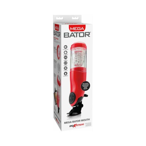 PDX Mega-Bator Mouth Rechargeable Rotating Thrusting Stroker With Hands-Free Suction Cup Clear-Red