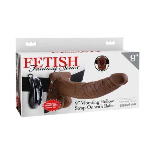 Pipedream Fetish Fantasy Series 9 in. Vibrating Hollow Strap-On with Balls Brown-Black