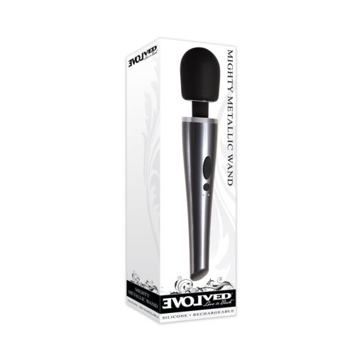 Evolved Mighty Metallic Wand Rechargeable Silicone Wand Vibrator Chrome-Black