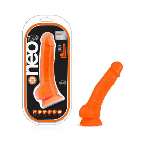 Neo Elite 7.5 in. Silicone Dual Density Dildo with Balls Neon Orange