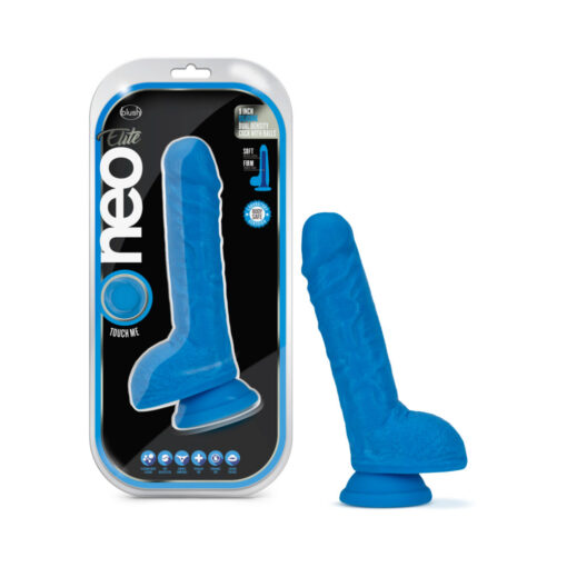 Neo Elite 9 in. Silicone Dual Density Dildo with Balls Neon Blue