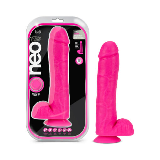 Neo Elite 11 in. Silicone Dual Density Dildo with Balls Neon Pink