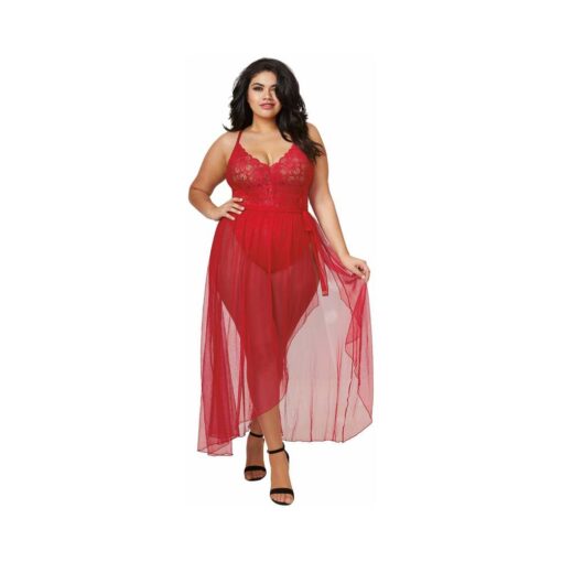 Dreamgirl Dreamgirl Teddy & Sheer Mesh Maxi Skirt With G-String Rouge Queen 2X Hanging