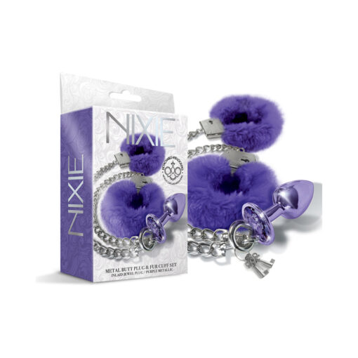 Nixie Metal Butt Plug & Furry Handcuff Set Medium Purple Metallic