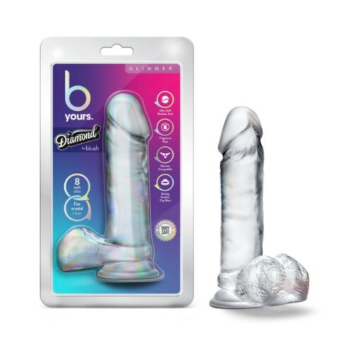 B Yours Diamond Glimmer 8 in. Dildo with Balls Clear