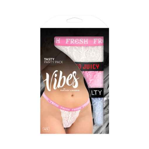 Fantasy Lingerie Vibes Tasty Vibes Pack 3-Piece Lace Thong Panty Set Blue-Pink-White O-S