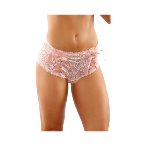 Magnolia Crotchless Lace Boyshort With Lace-Up Panel Details Light Pink S-M