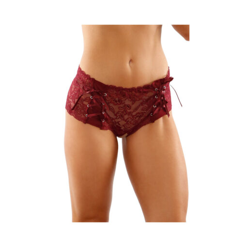 Magnolia Crotchless Lace Boyshort With Lace-Up Panel Details Garnet L-XL