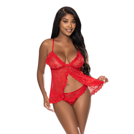 Magic Silk Ooh La Lace Babydoll & Split-Crotch Panty Set Red L-XL