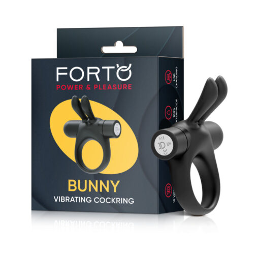 Forto Bunny Rechargeable Silicone Vibrating Cockring with Stimulating Ears Black