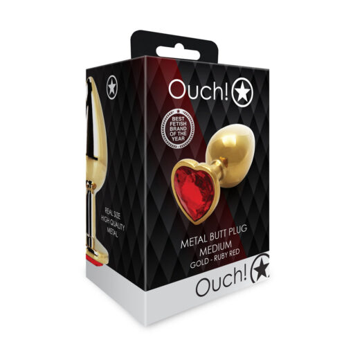 Ouch! Heart Gem Butt Plug Medium Gold-Ruby Red