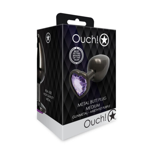 Ouch! Heart Gem Butt Plug Medium Gunmetal-Amethyst