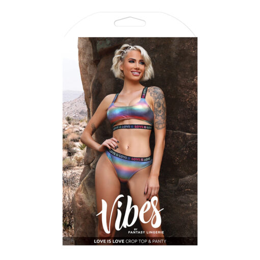 Fantasy Lingerie Vibes Love is Love Underboob Cutout Top & Cheeky Panty Rainbow Holo S-M