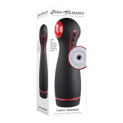 Zero Tolerance Tight Squeeze Rechargeable Vibrating Squeezing Talking Stroker TPE Black-Red