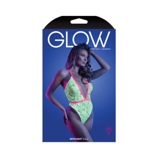 Fantasy Lingerie Glow Spotlight Contrast Elastic Lace Teddy with Snap Closure Neon Green S-M