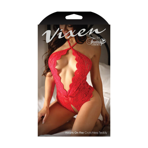 Fantasy Lingerie Vixen Hearts On Fire Crotchless Lace Teddy with Open Pearl Draped Back Red O-S