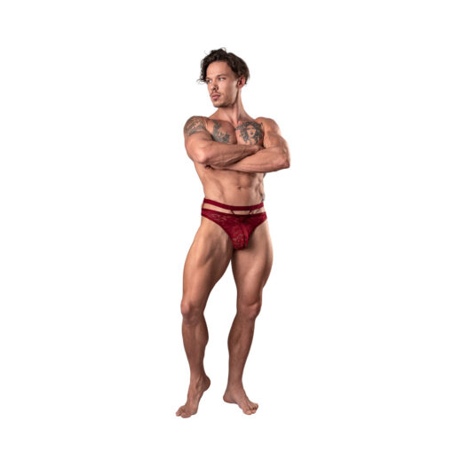 Male Power Lucifer Cut Out Strappy Thong Burgundy S-M