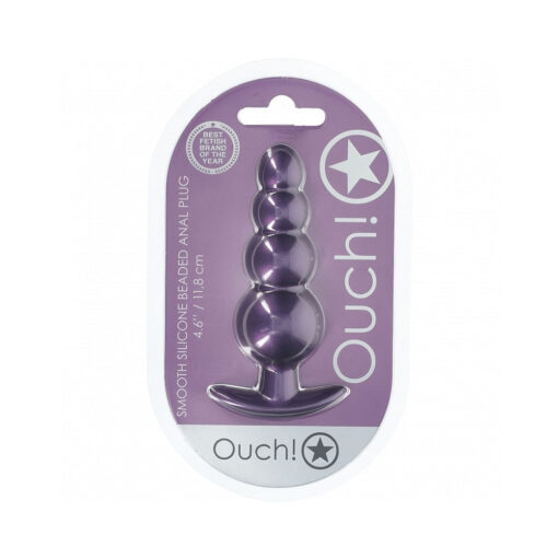 Ouch! Smooth Silicone Beaded Anal Plug 4.6 in. Metallic Purple