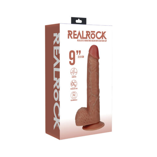 RealRock 9 in. Vibrating Cock with Balls Regular Straight Tan