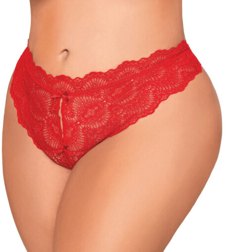 Dreamgirl Lace Tanga Open-Crotch Panty and Elastic Open Back Detail Red 2X