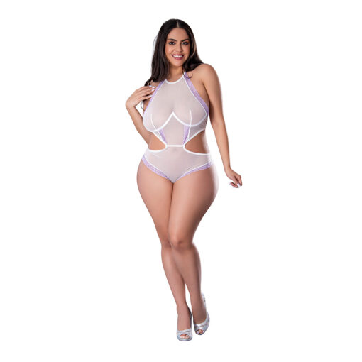 Magic Silk Sheer Passion Halter Teddy White-Lavender Queen Size